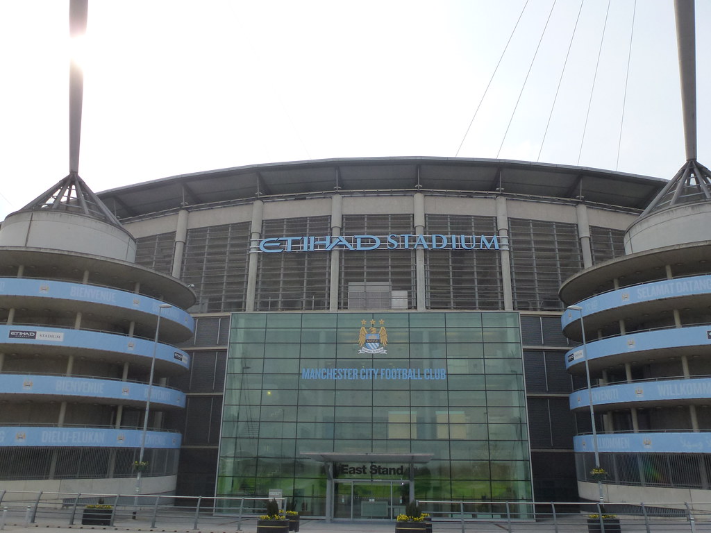 Exterior view of the Etihad Stadium, home of Manchester City.