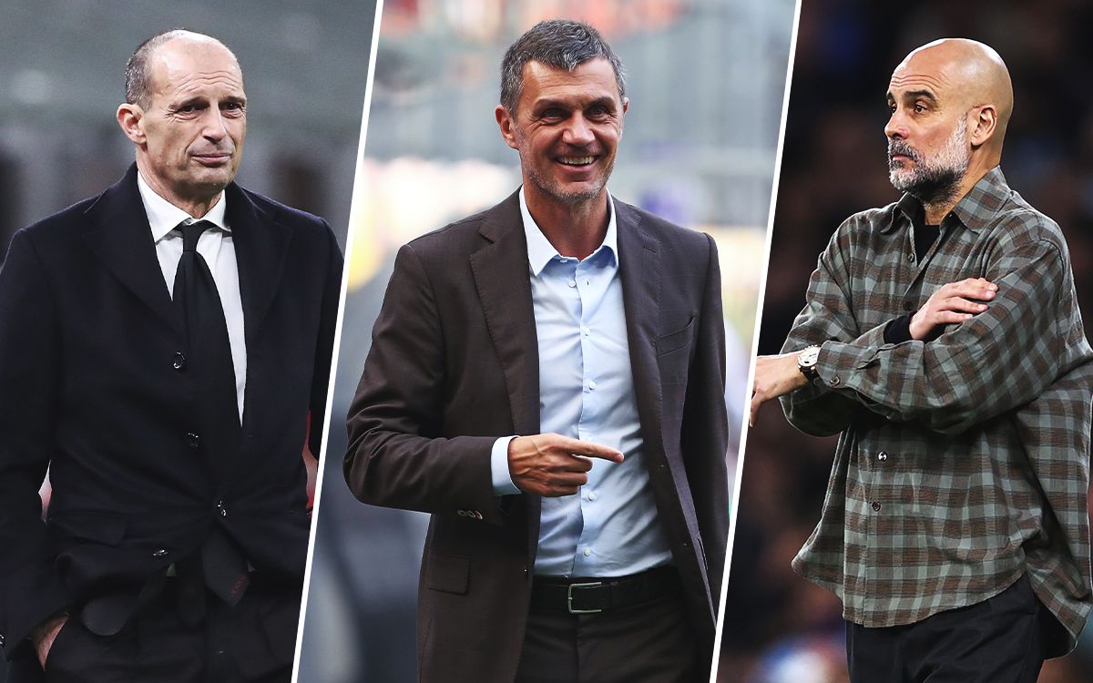A composite image showing Paolo Maldini, Massimiliano Allegri, and Pep Guardiola, representing potential figures in Italy's football revival.