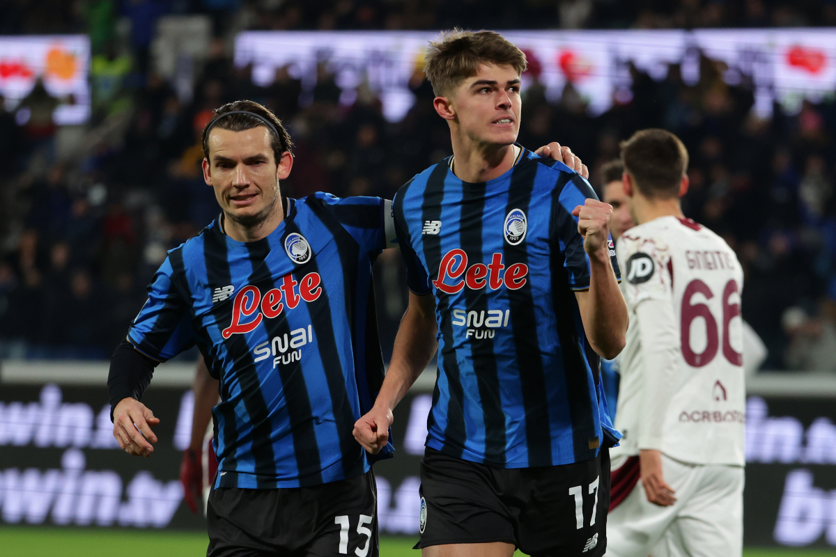 Charles De Ketelaere celebrating a goal for Atalanta BC during a Serie A match.