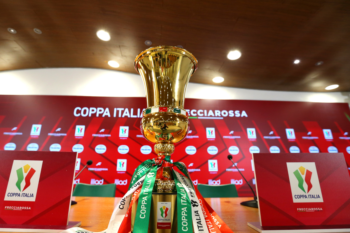 The Coppa Italia Trophy at a press conference in Stadio Olimpico