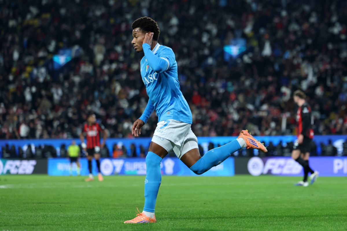 David Neres celebrates a goal for SSC Napoli during the Supercoppa Italiana Semi-Final in Riyadh, December 2025.
