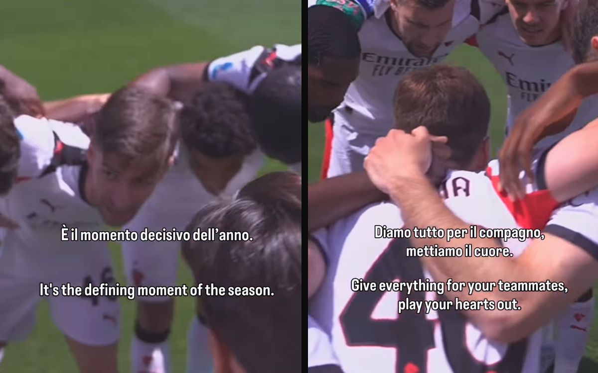 Matteo Gabbia speaking to AC Milan teammates in a huddle before a match
