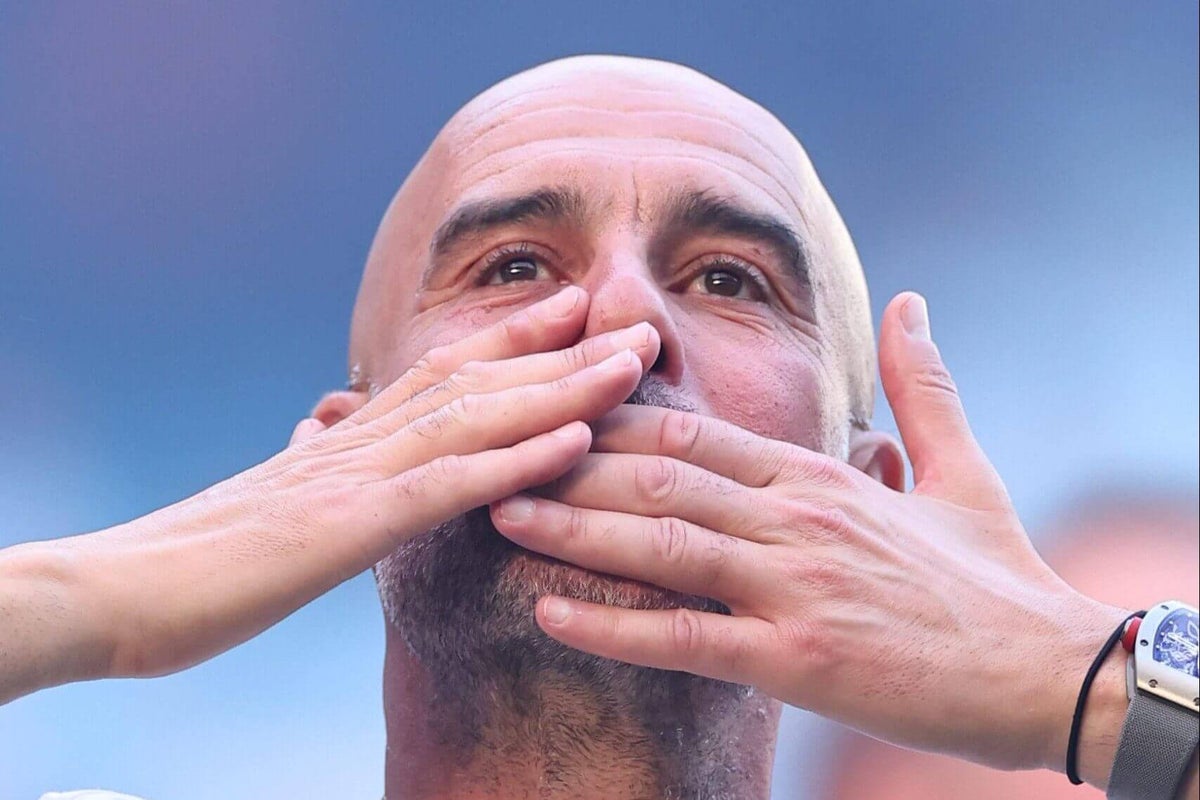 Pep Guardiola waving goodbye to Manchester City fans after his last game in charge.