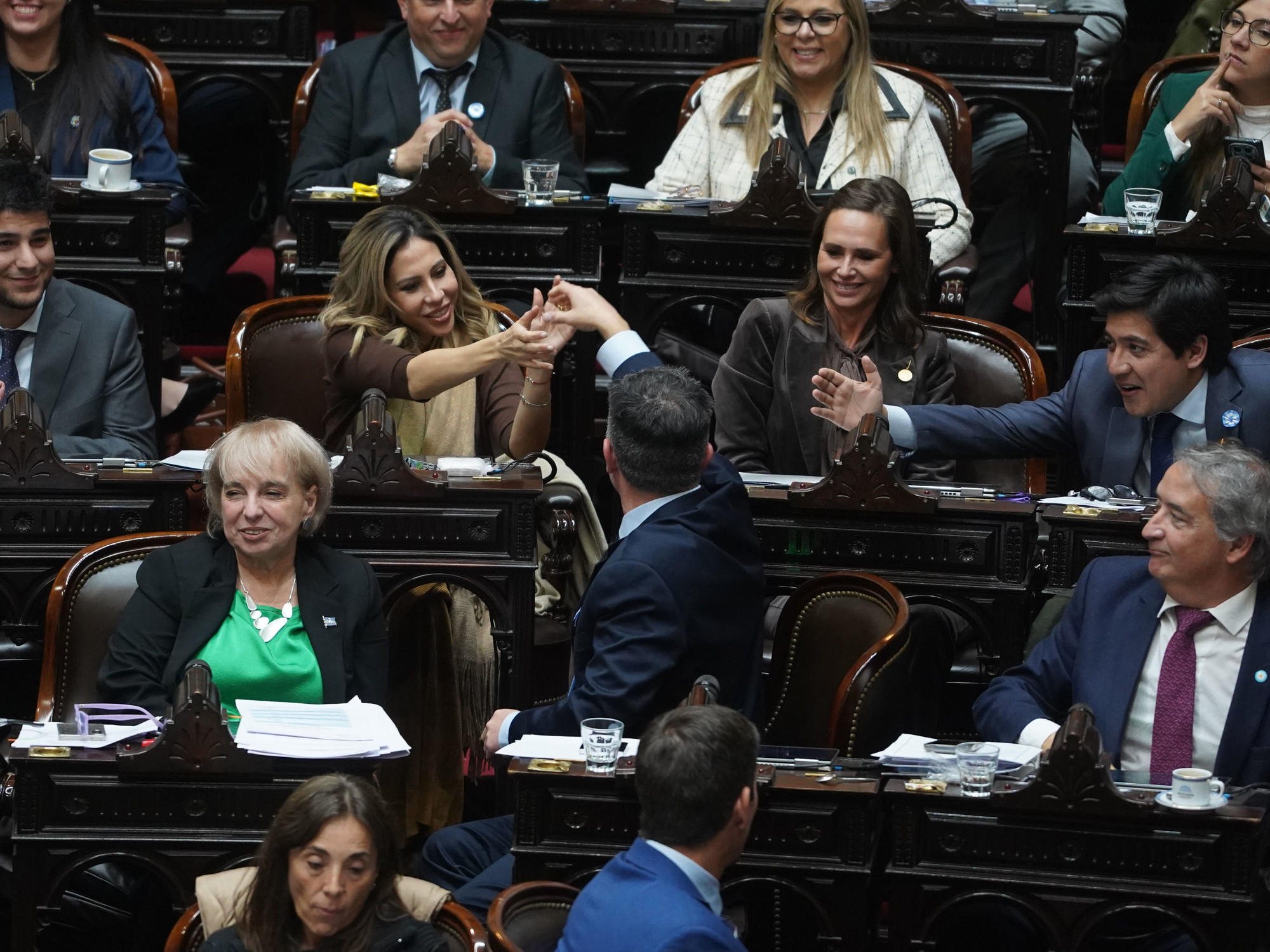 Legislators celebrating during a session in the Argentine Chamber of Deputies after approving a bill to cut gas subsidies.