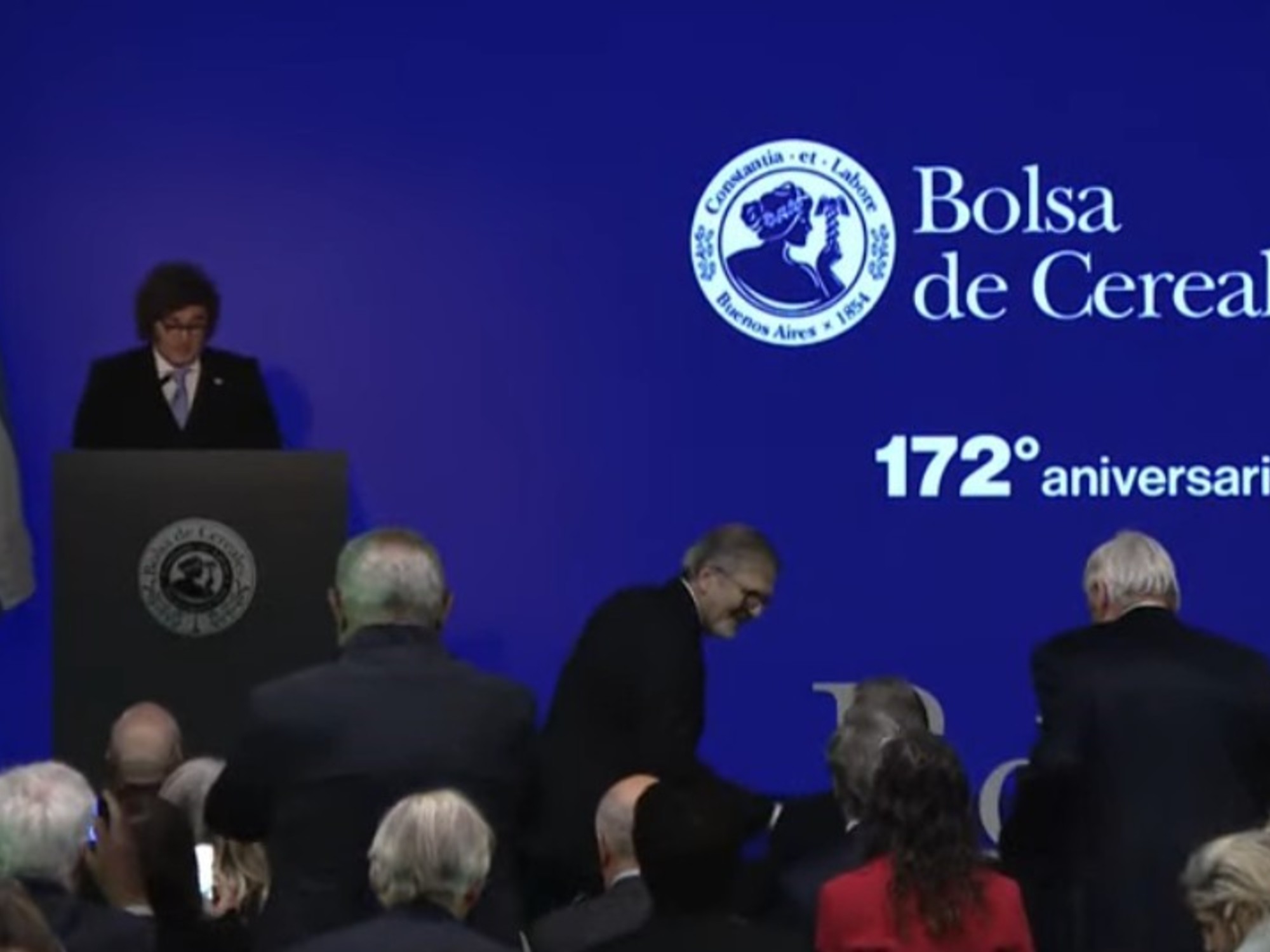 Argentine President Javier Milei delivering a speech at the Bolsa de Cereales de Buenos Aires.