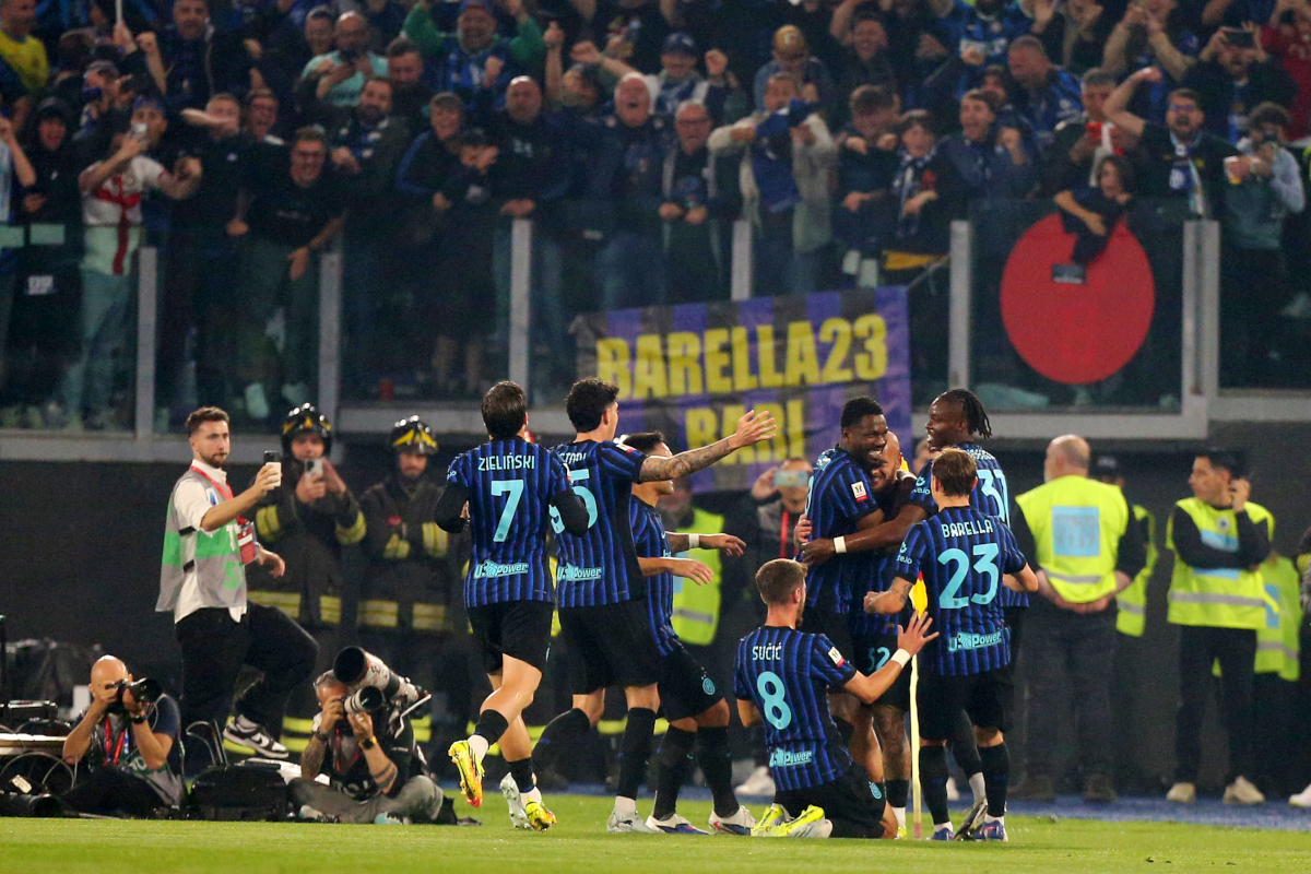 Marcus Thuram celebrating his goal for Inter Milan during the Coppa Italia Final against Lazio at Stadio Olimpico, Rome, 2026.