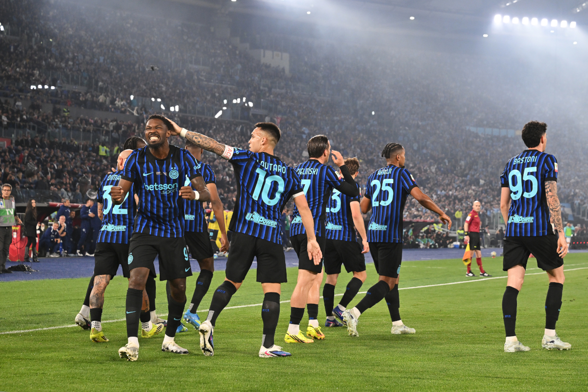 Marcus Thuram celebrating a goal for Inter Milan during the Coppa Italia final against Lazio at Stadio Olimpico.
