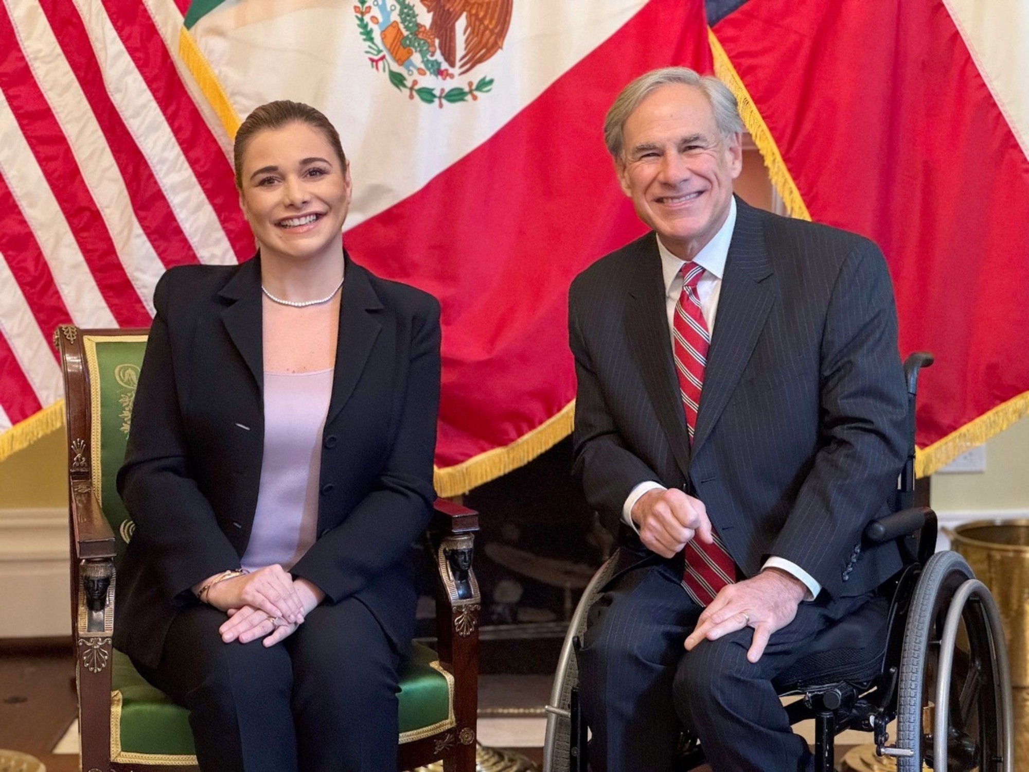Chihuahua Governor Maru Campos and Texas Governor Greg Abbott at a border security agreement announcement.