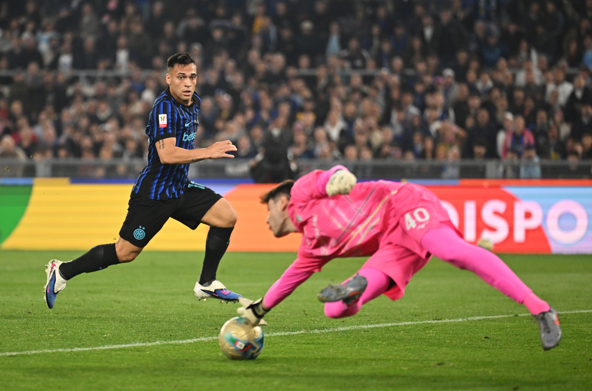 Lautaro Martinez of Inter Milan celebrates after scoring against Lazio in the Coppa Italia Final.