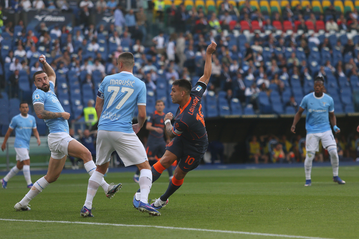 Lautaro Martinez celebrates a goal for Inter Milan against Lazio at the Stadio Olimpico