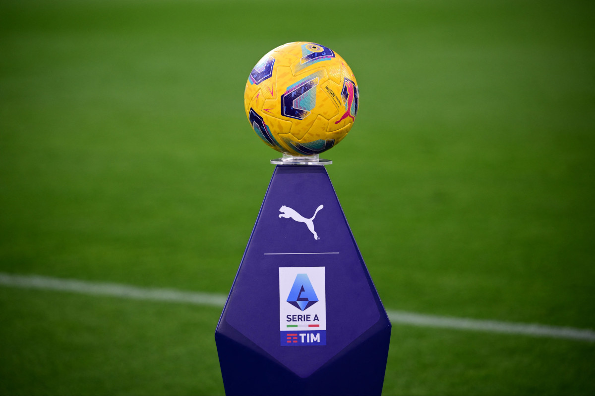 Italian Serie A football match ball on the pitch at a stadium