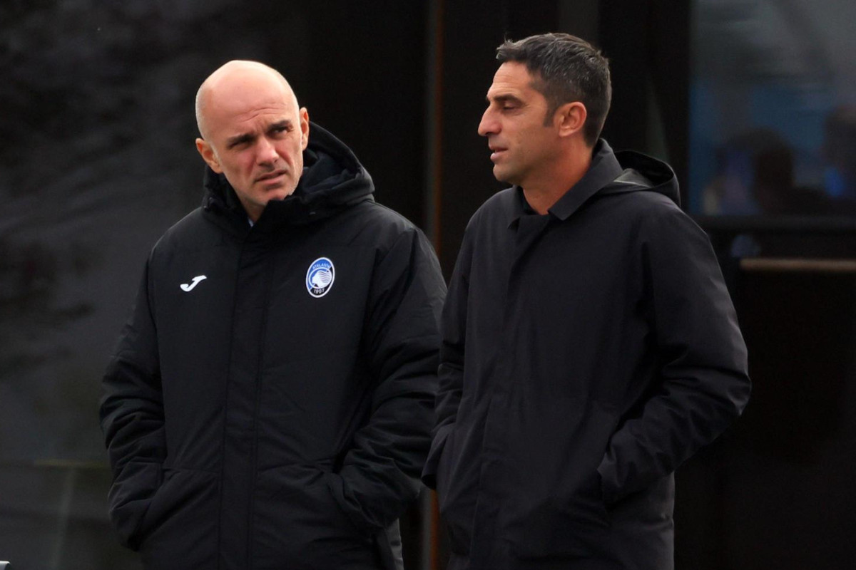 Atalanta CEO Luca Percassi and Sporting Director Tony D'Amico observing a training session