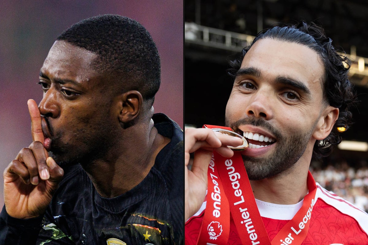A composite image showing key players from PSG and Arsenal, with the Champions League trophy in the background.