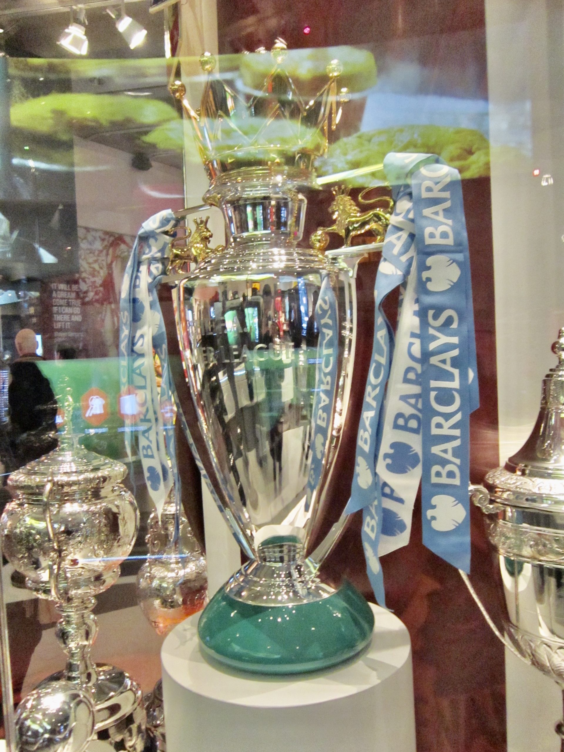 Premier League trophy on a football pitch