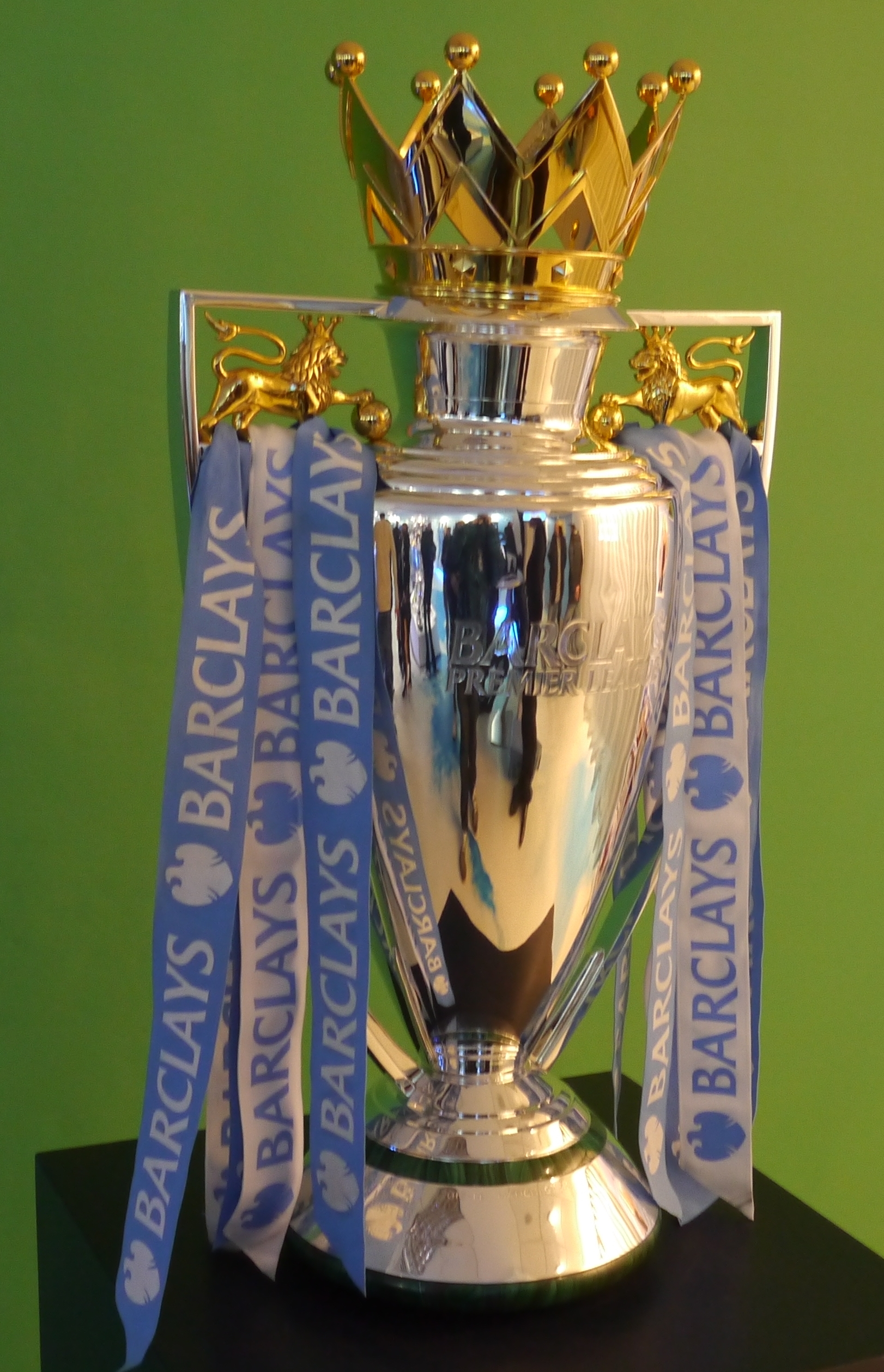 Premier League trophy on a football pitch