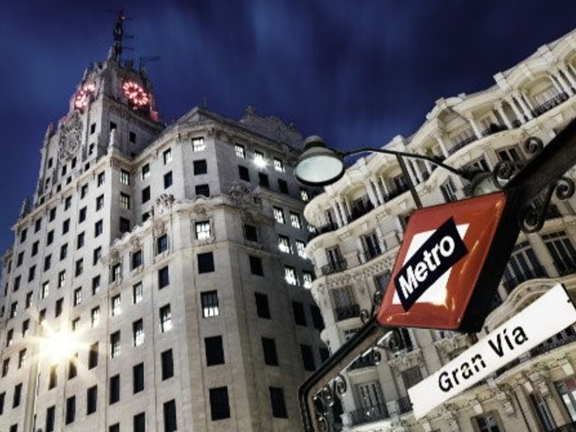 The historic Telefónica building located on Gran Vía in Madrid, an architectural landmark.