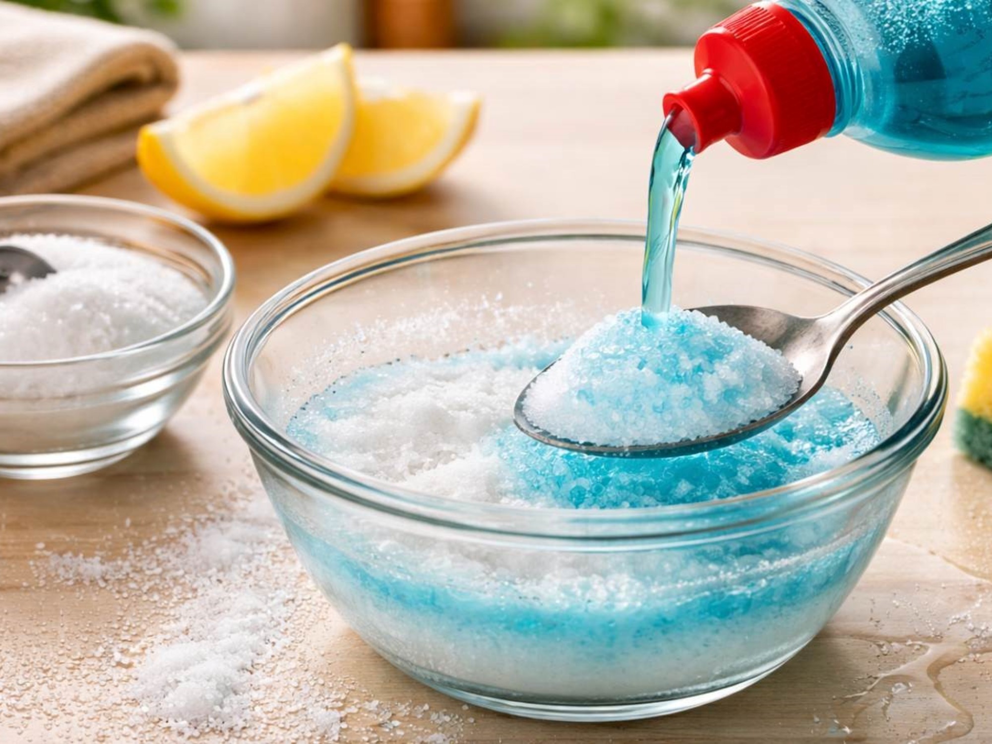 Persona limpiando una superficie de cocina con una pasta de bicarbonato y detergente.