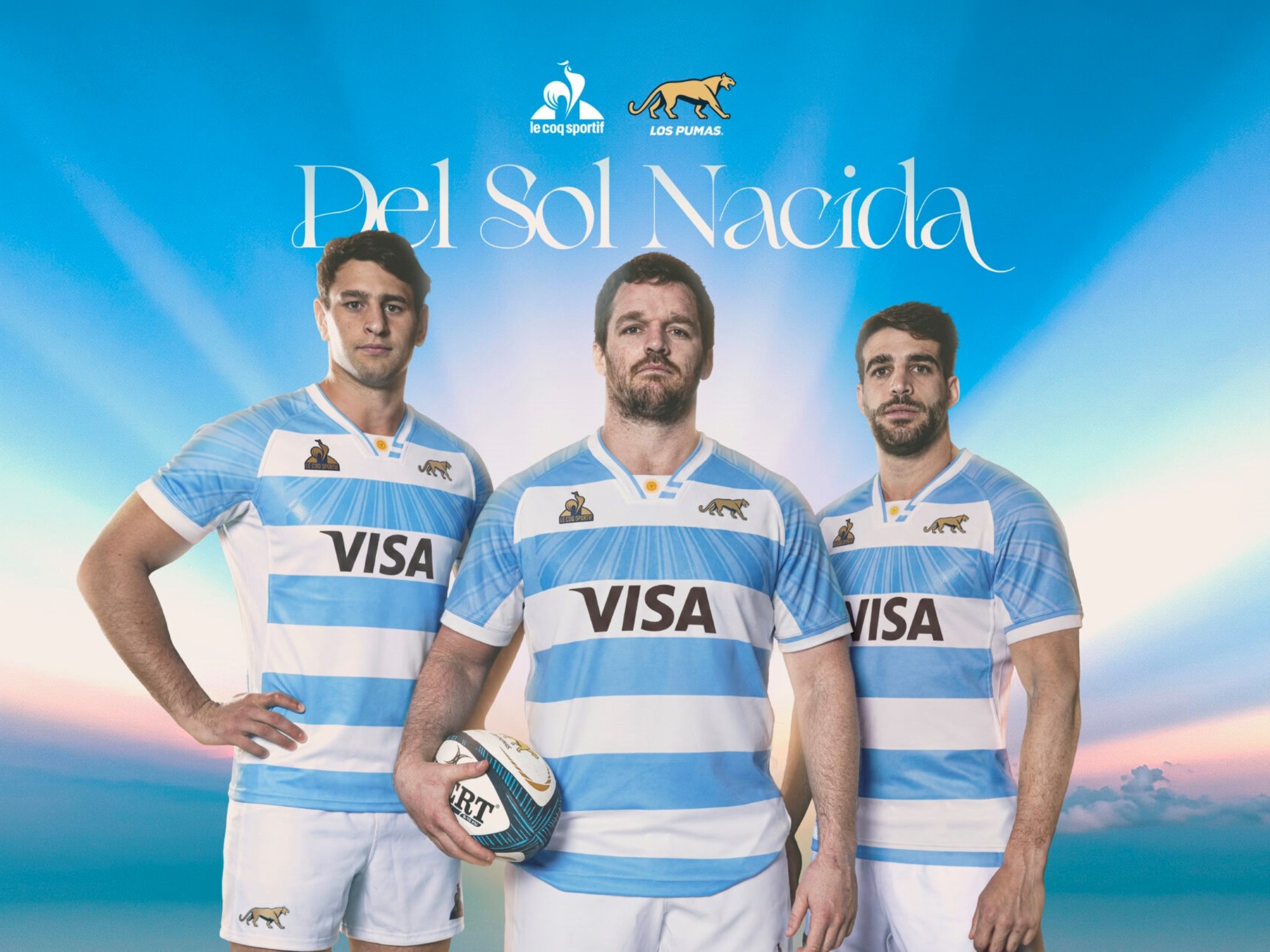 Players of the Los Pumas rugby team modeling the new home and away kits.