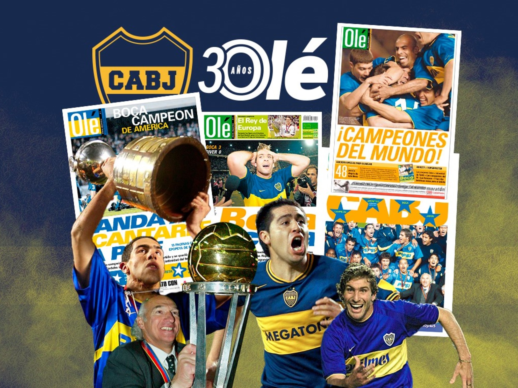 Boca Juniors players celebrating a trophy win, with the Olé newspaper logo subtly visible in the background.