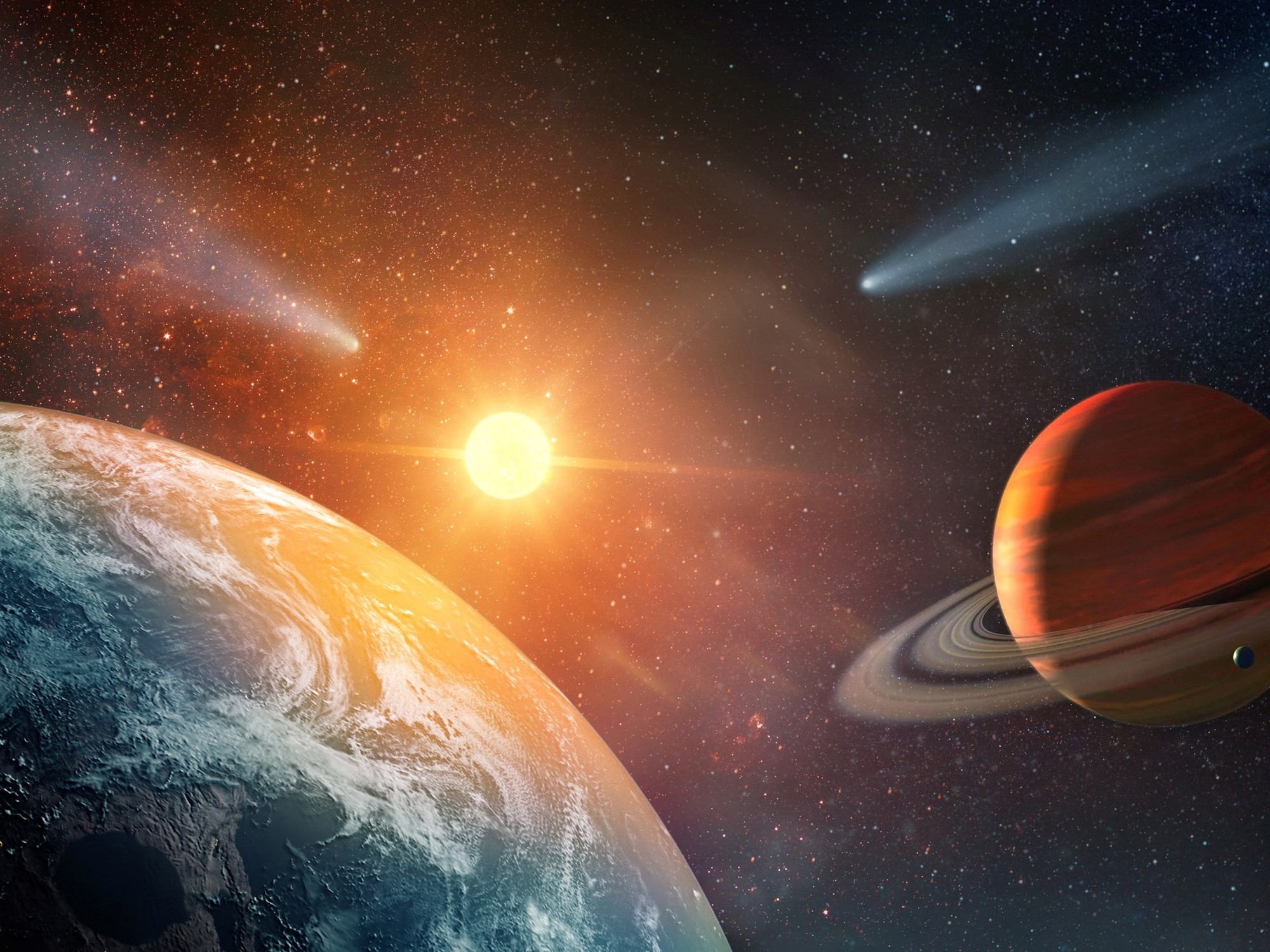Illustration of a young star system with planets, some of which may be colliding.