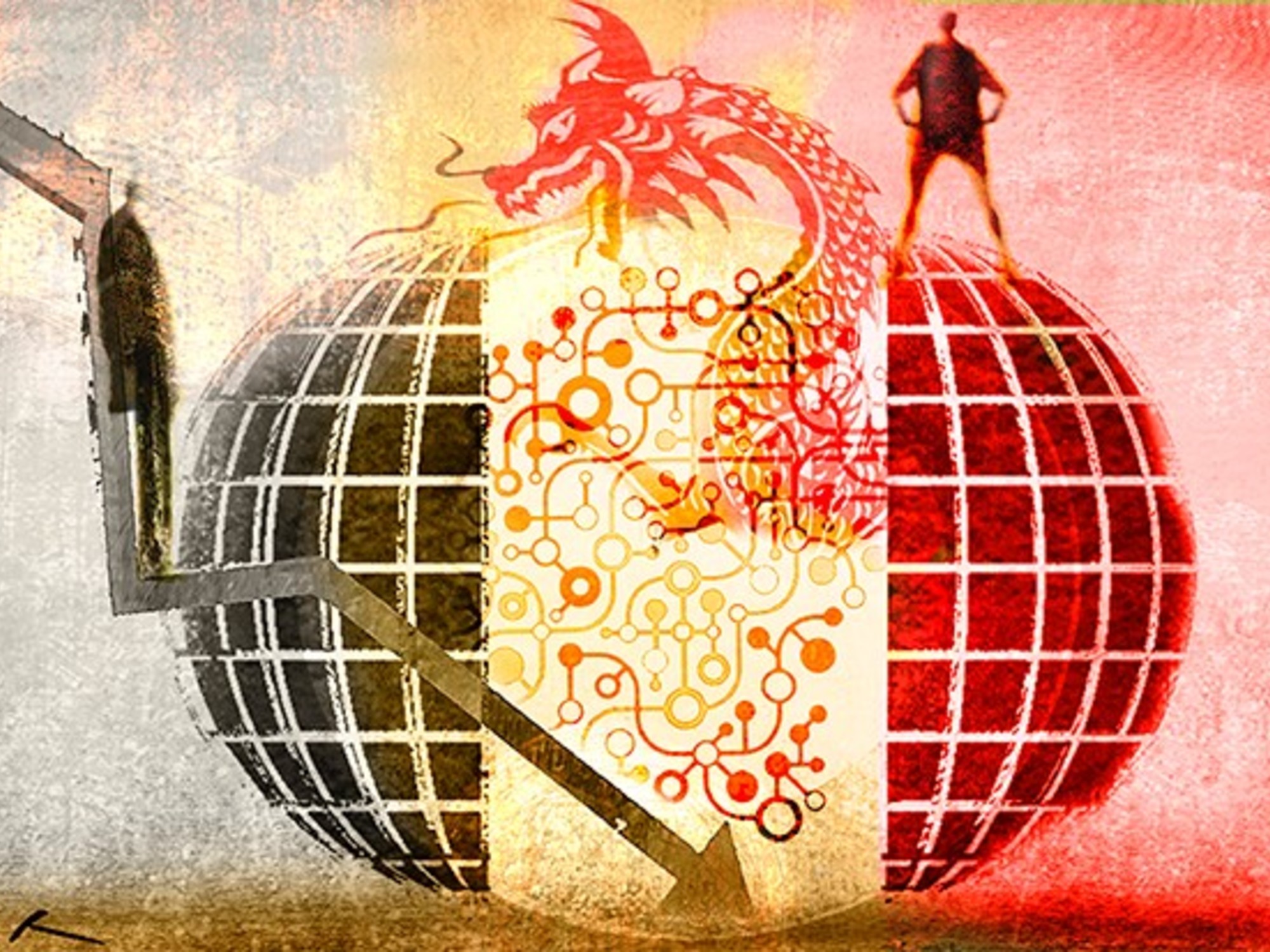Depiction of China's growing global power juxtaposed with symbols of Western decline.