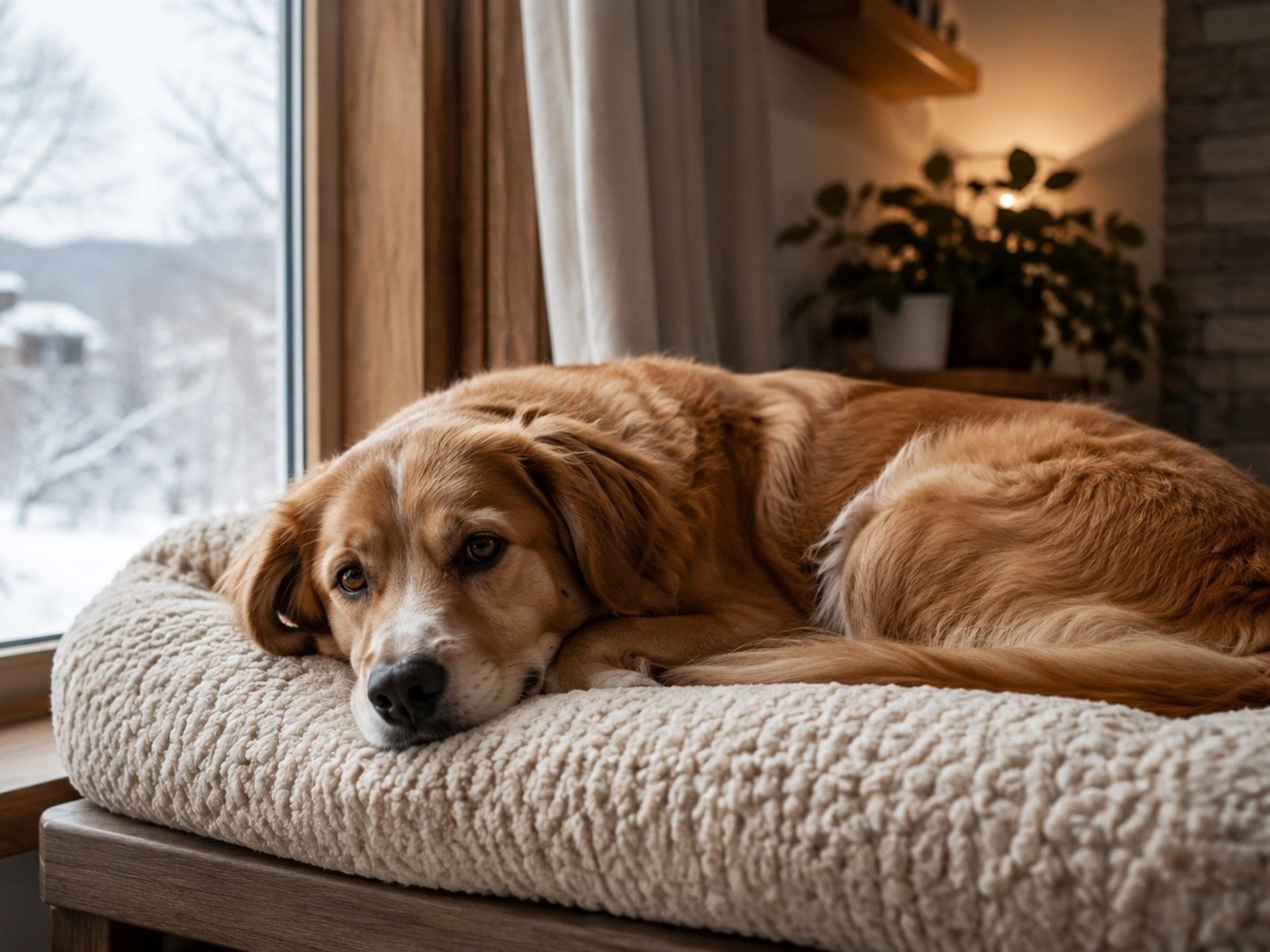 A small dog comfortably sleeping indoors on a warm blanket, protected from the cold.
