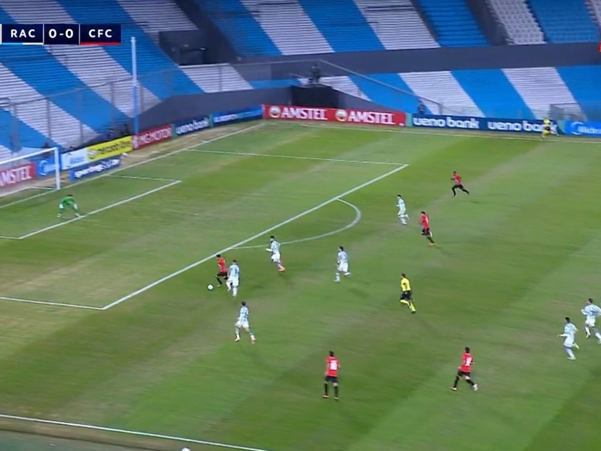 Racing and Caracas players contesting the ball during their Copa Sudamericana match.