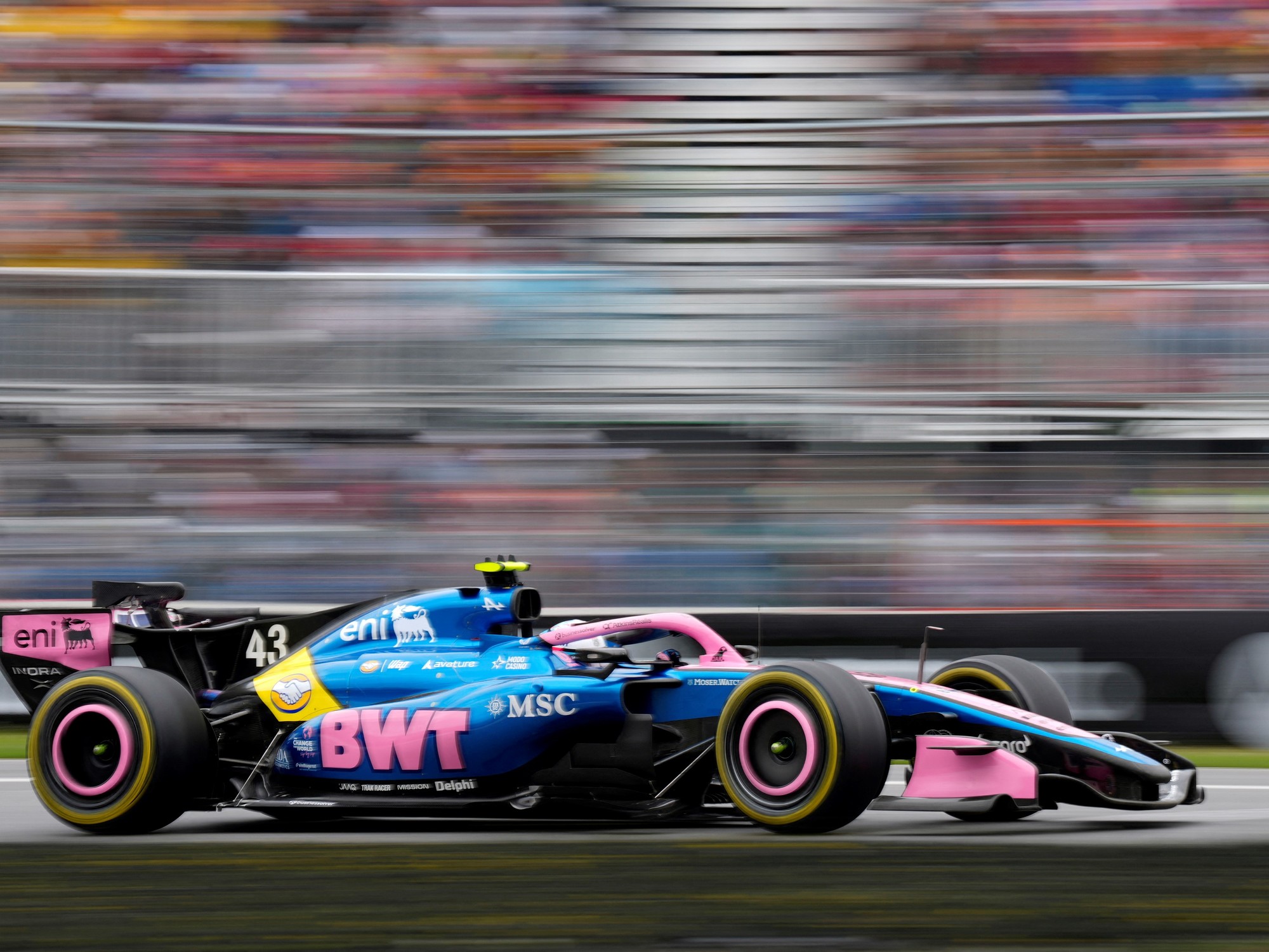 Franco Colapinto in his Alpine F1 car navigating the track at the Canadian Grand Prix