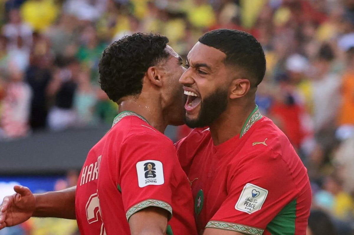 Vinicius Jr. of Brazil celebrates scoring a goal against Morocco during their World Cup 2026 match.