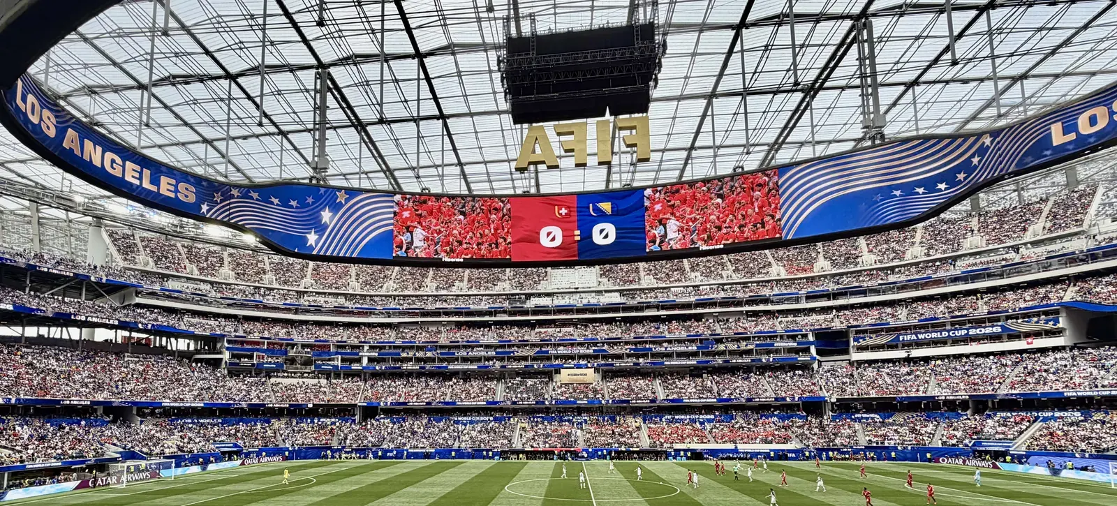 Aerial view of a modern football stadium during the 2026 FIFA World Cup.