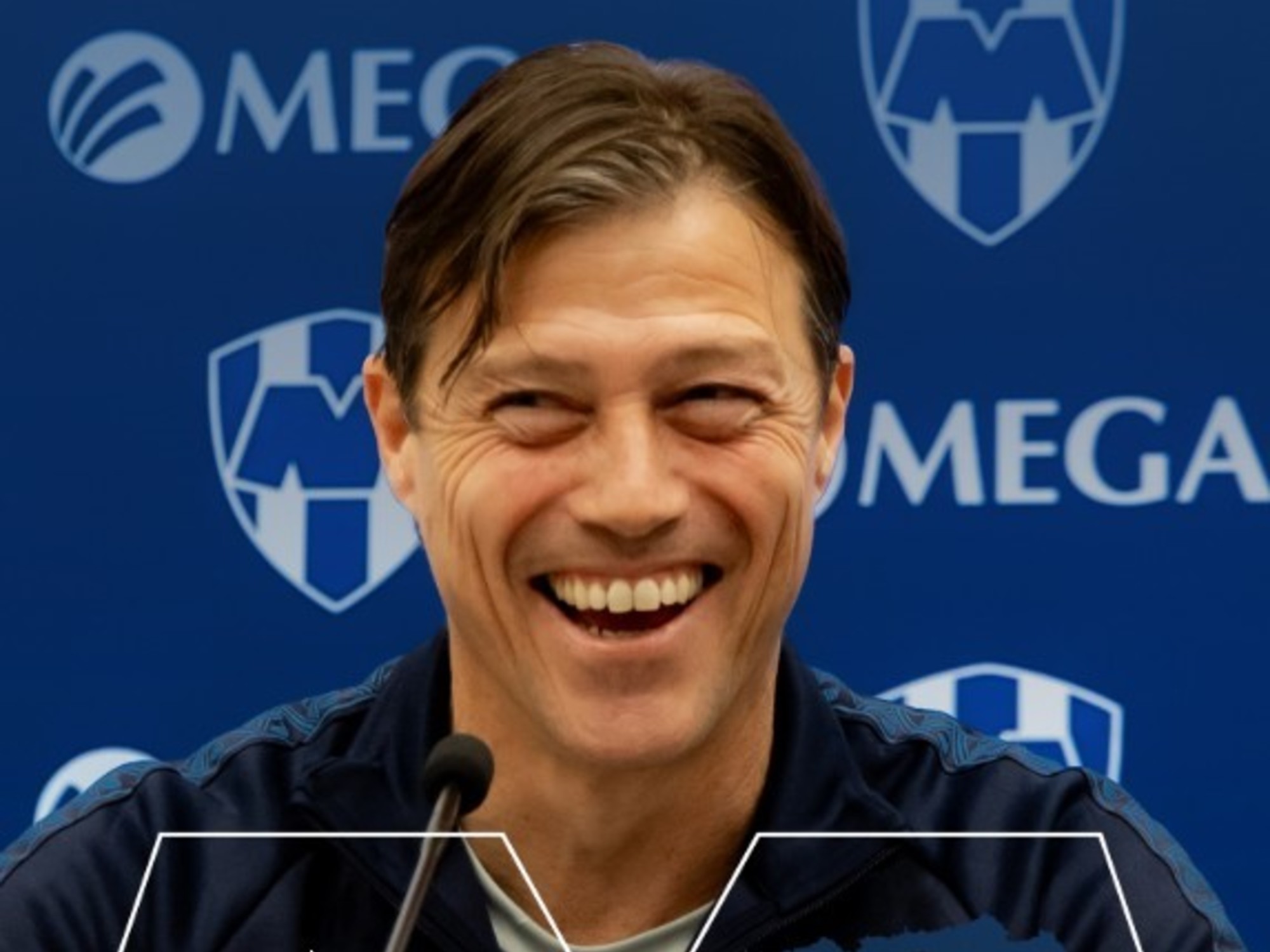 Matías Almeyda speaking at a press conference for Rayados.