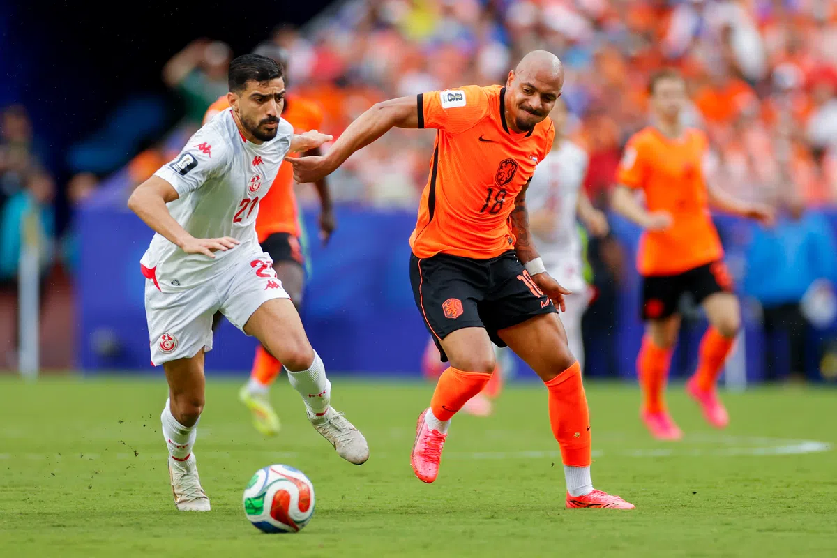 Donyell Malen of the Netherlands in action during a World Cup match.