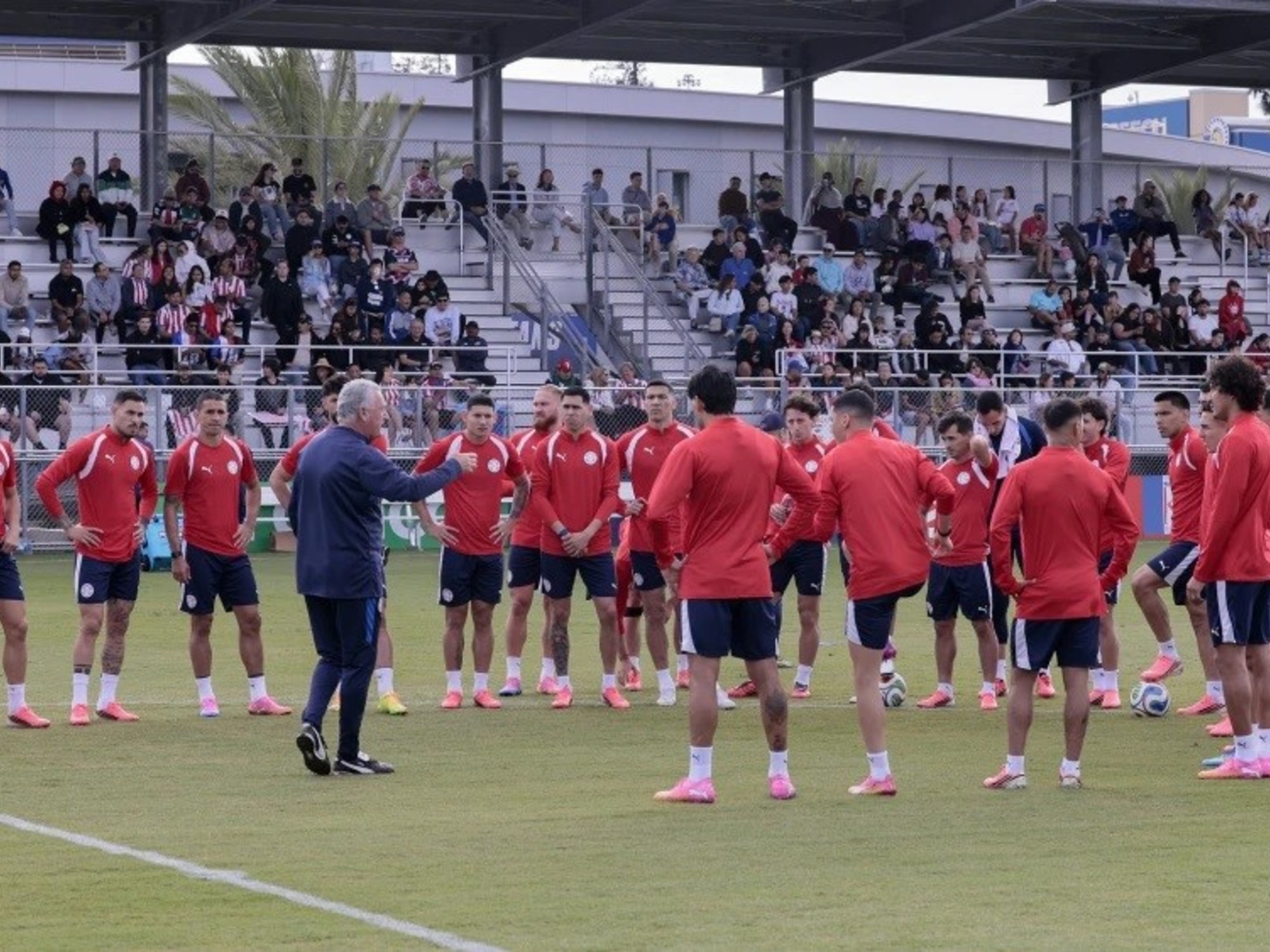 Paraguay's national football team coach Gustavo Alfaro in discussion with players during a training session.