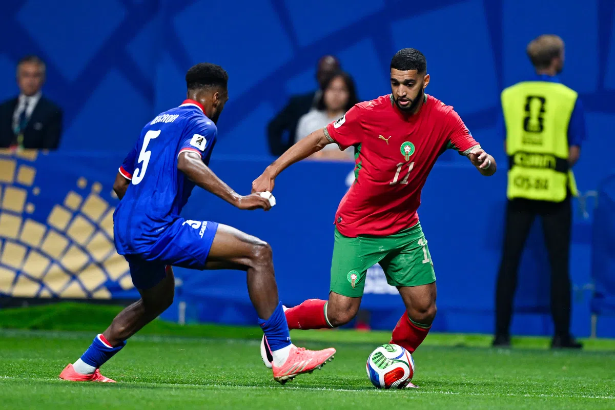 Ismael Saibari in action for Morocco during a football match.