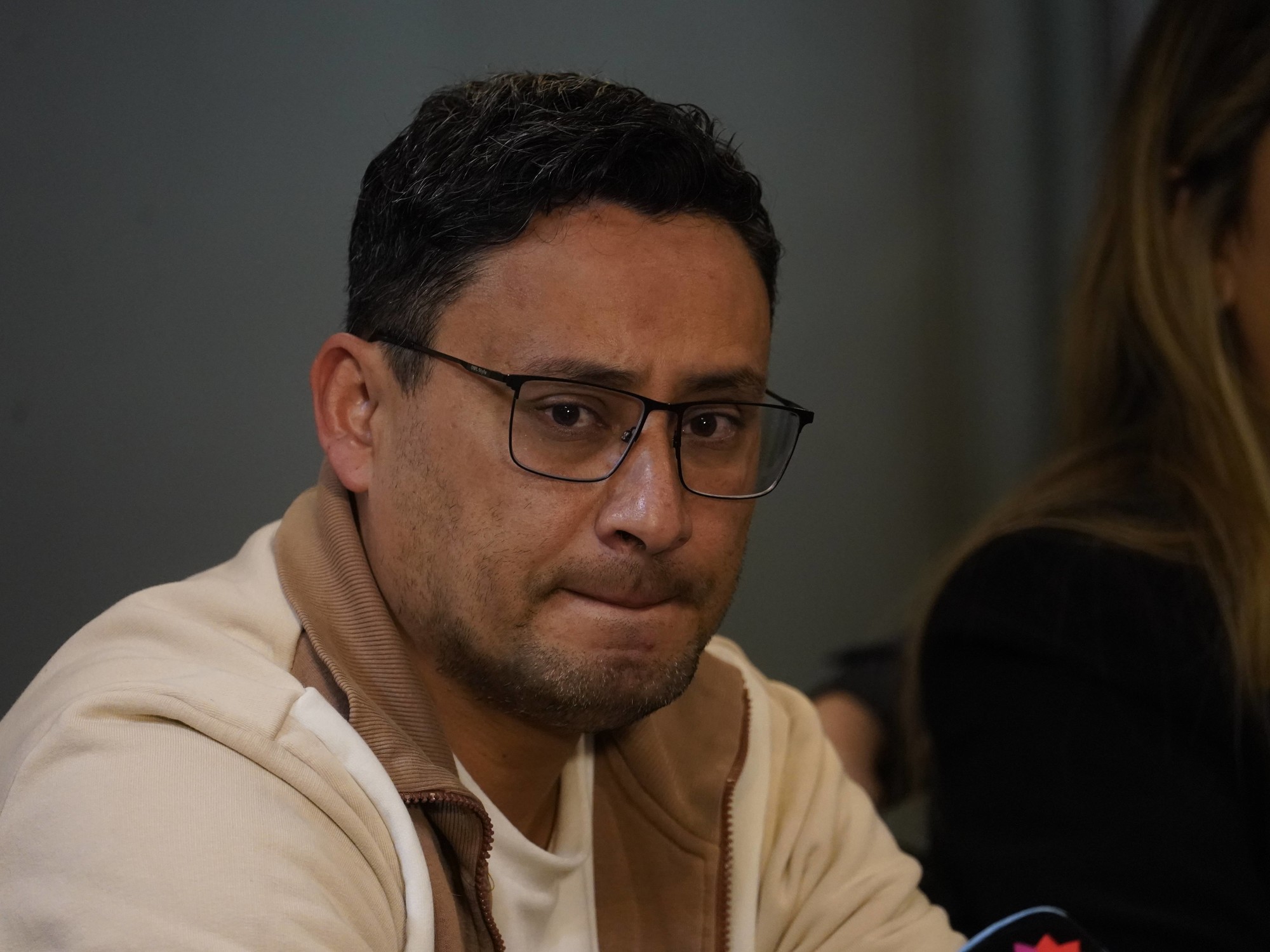 Gabriel Vega, father of Agostina Vega, speaking at a press conference with his lawyers.