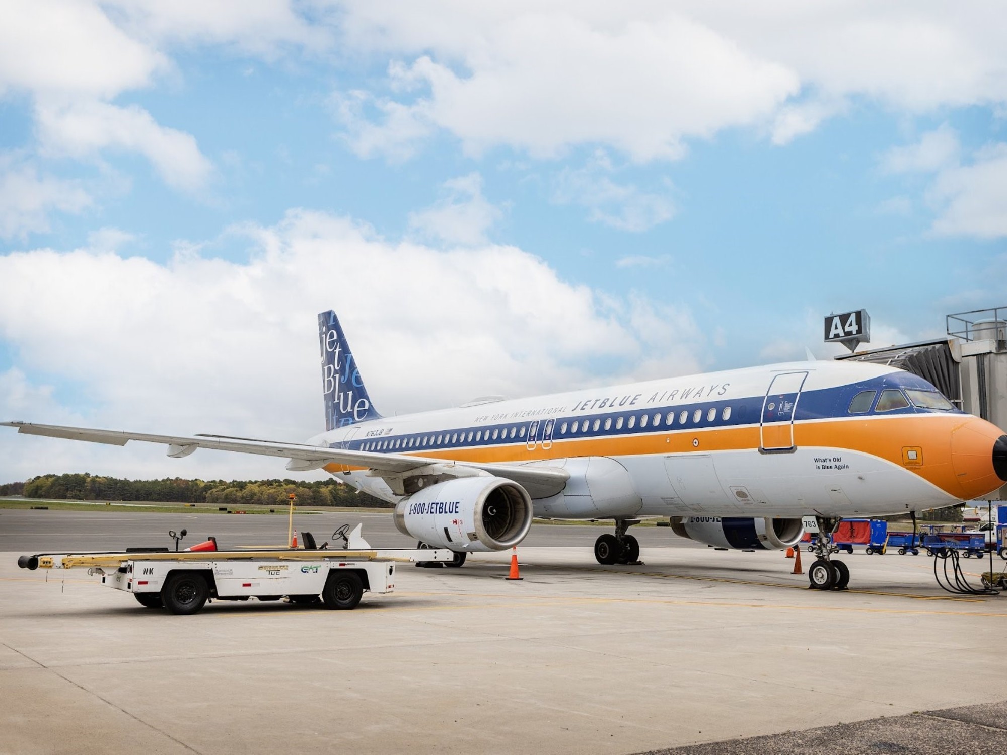 A JetBlue Airbus A320 airplane parked at an airport gate.