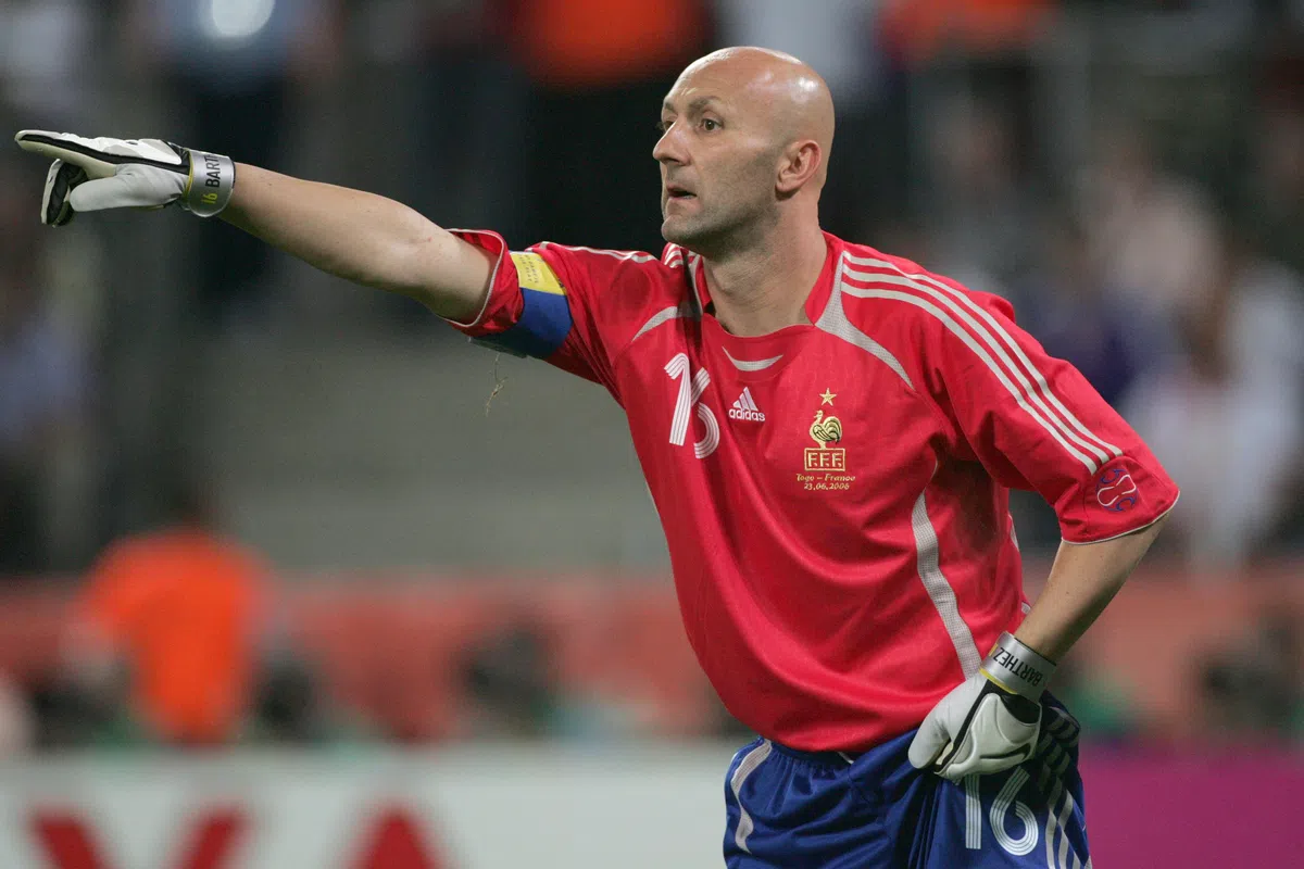 Fabien Barthez, French goalkeeper, in action during a World Cup match.