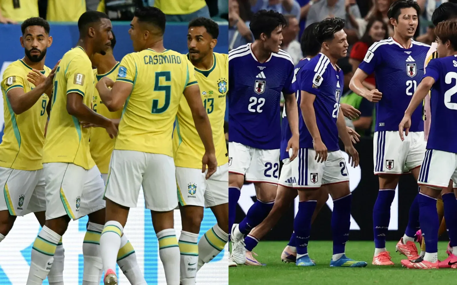 Japan and Brazil national football teams on the pitch during a FIFA World Cup match