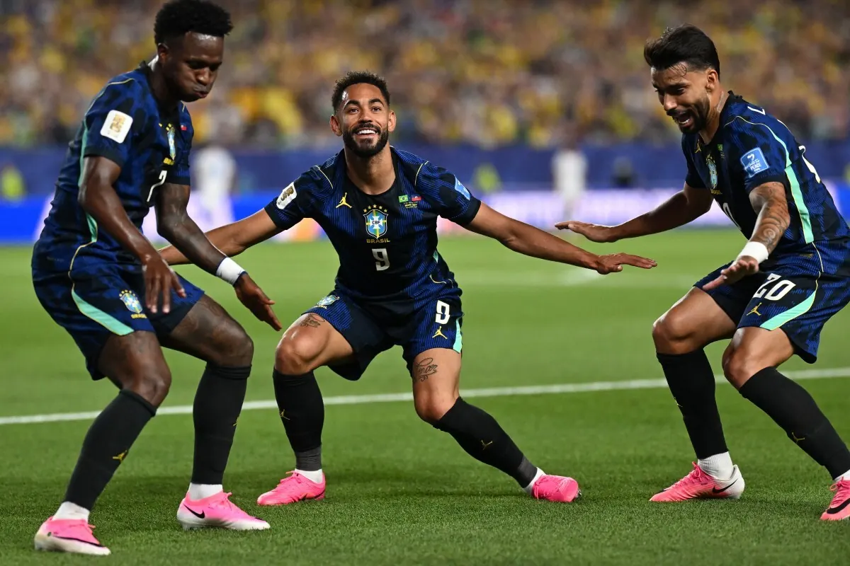 Matheus Cunha celebrates a goal for Brazil during their FIFA World Cup 2026 Group C match against Haiti.