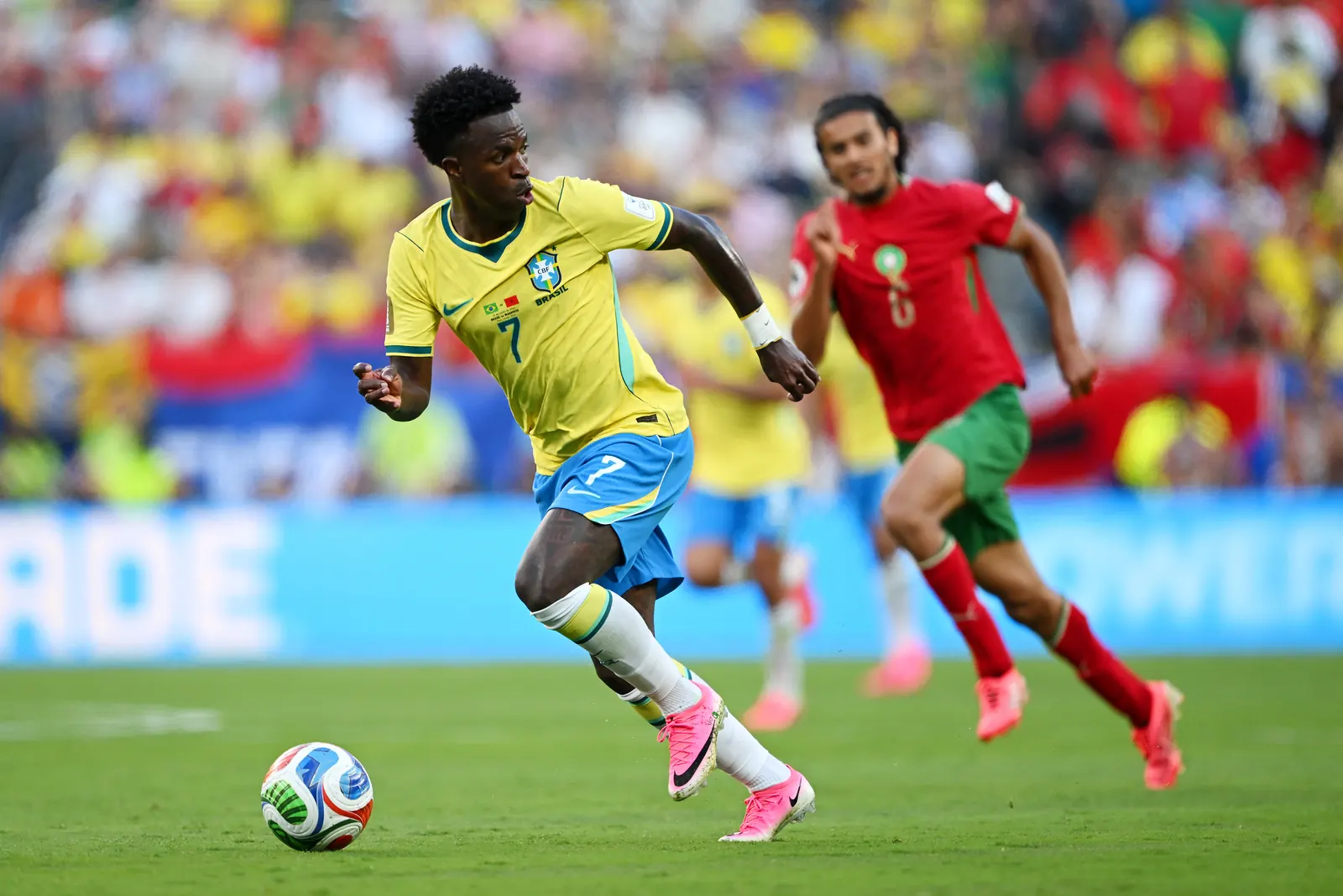 Vinicius Junior celebrates scoring the equalizer for Brazil against Morocco in the FIFA World Cup 2026.