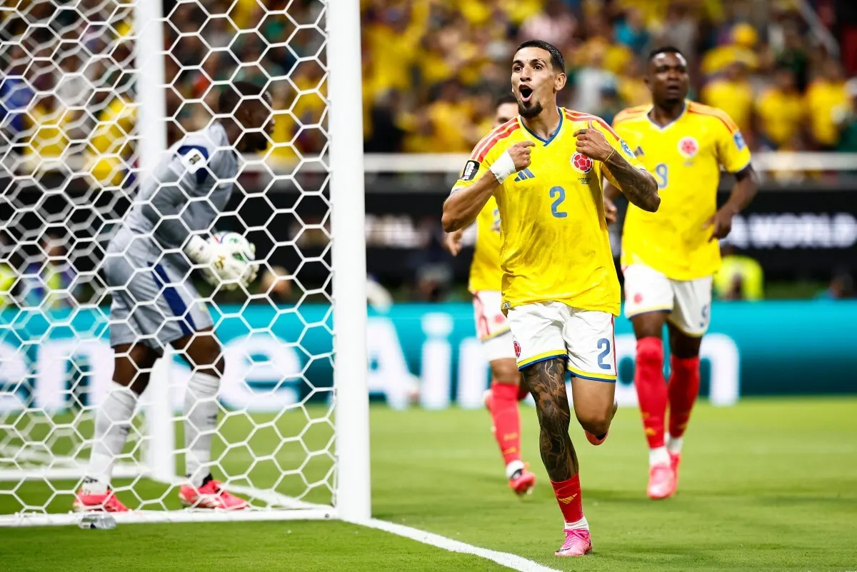 A Colombian football player celebrates a goal against Congo DR during the FIFA World Cup 2026 match.