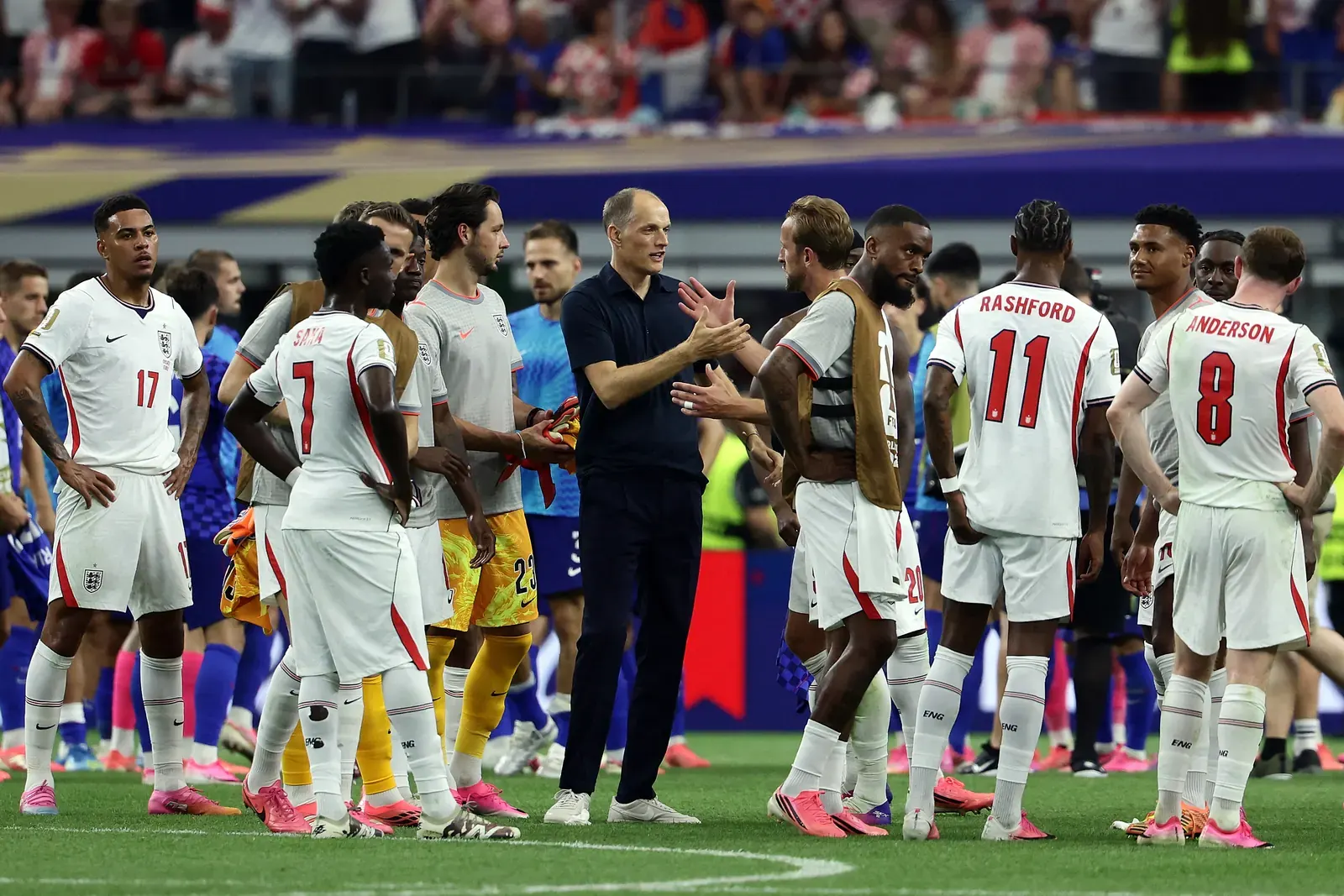 England football team celebrating a goal during a match