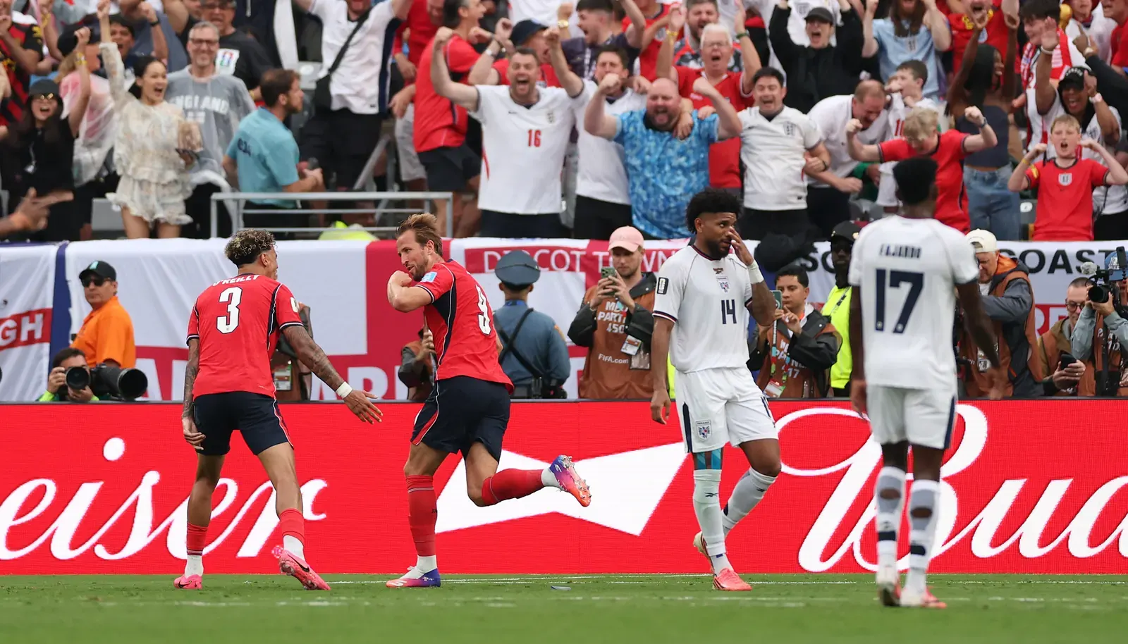 England players celebrate a goal during their FIFA World Cup 2026 match against Panama.