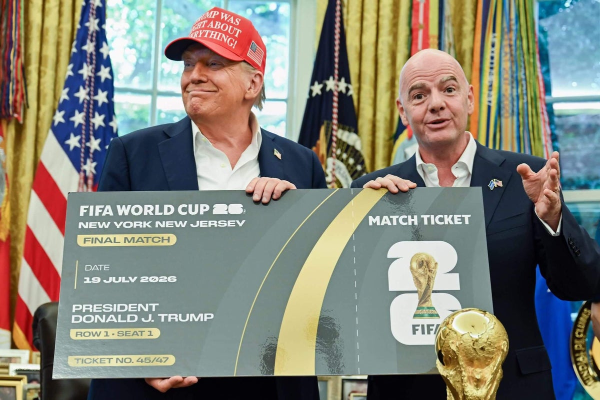 FIFA World Cup trophy with a backdrop of escalating ticket prices.
