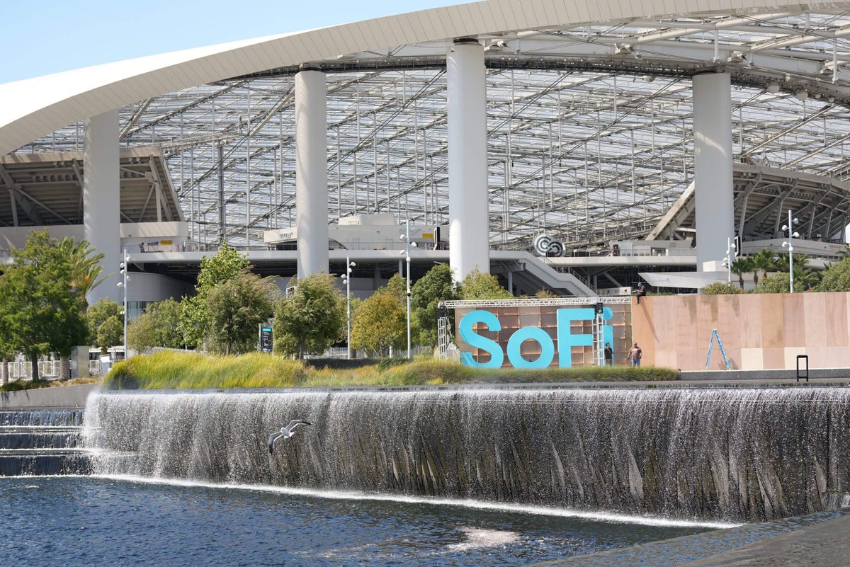 Exterior view of SoFi Stadium, a modern sports venue.