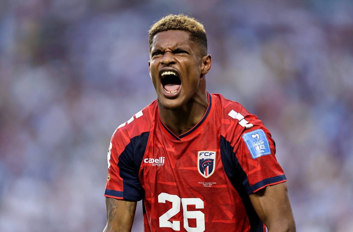 Cape Verde players celebrate a goal during their FIFA World Cup 2026 match against Uruguay.