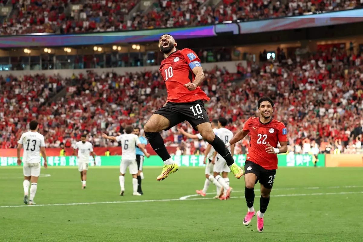 Mohamed Salah celebrates after scoring a goal for Egypt during the FIFA World Cup match against New Zealand.