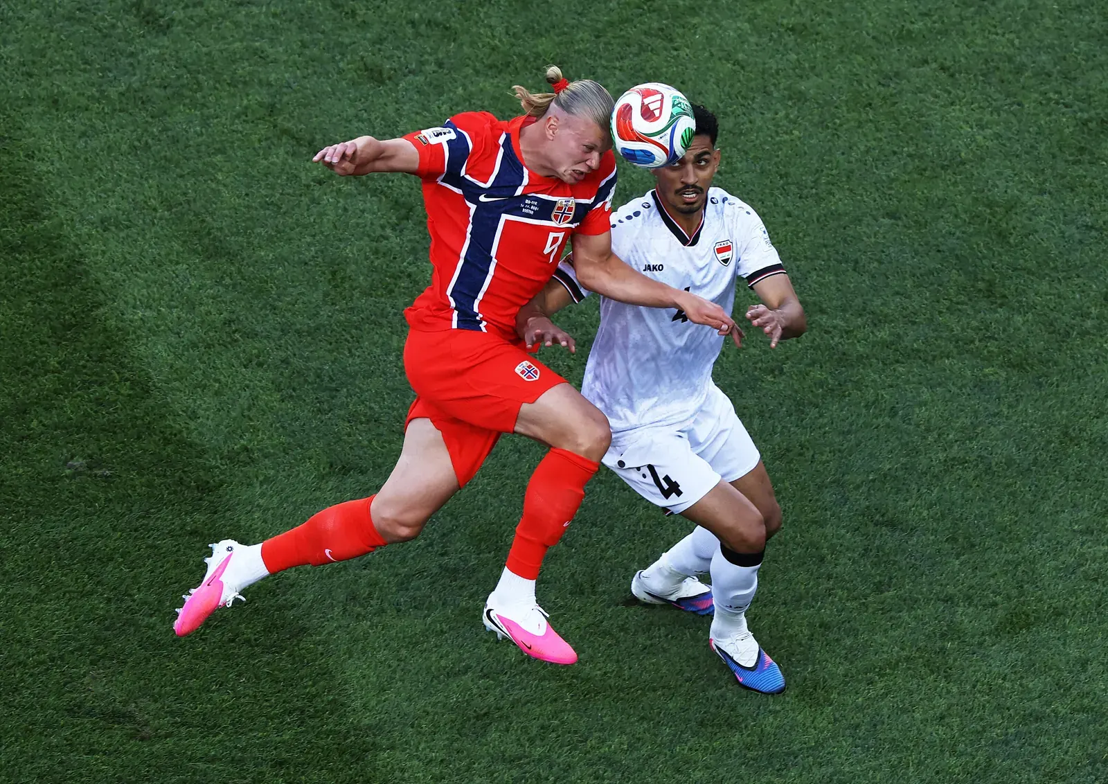 Erling Haaland celebrates scoring for Norway during their FIFA World Cup 2026 qualifier against Iraq.