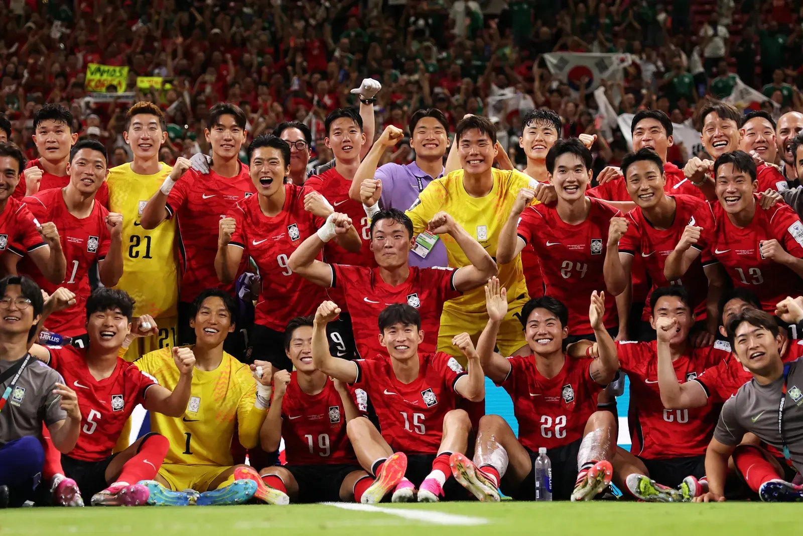 Members of the Korea Republic national football team engaging in a training session, possibly at high altitude.