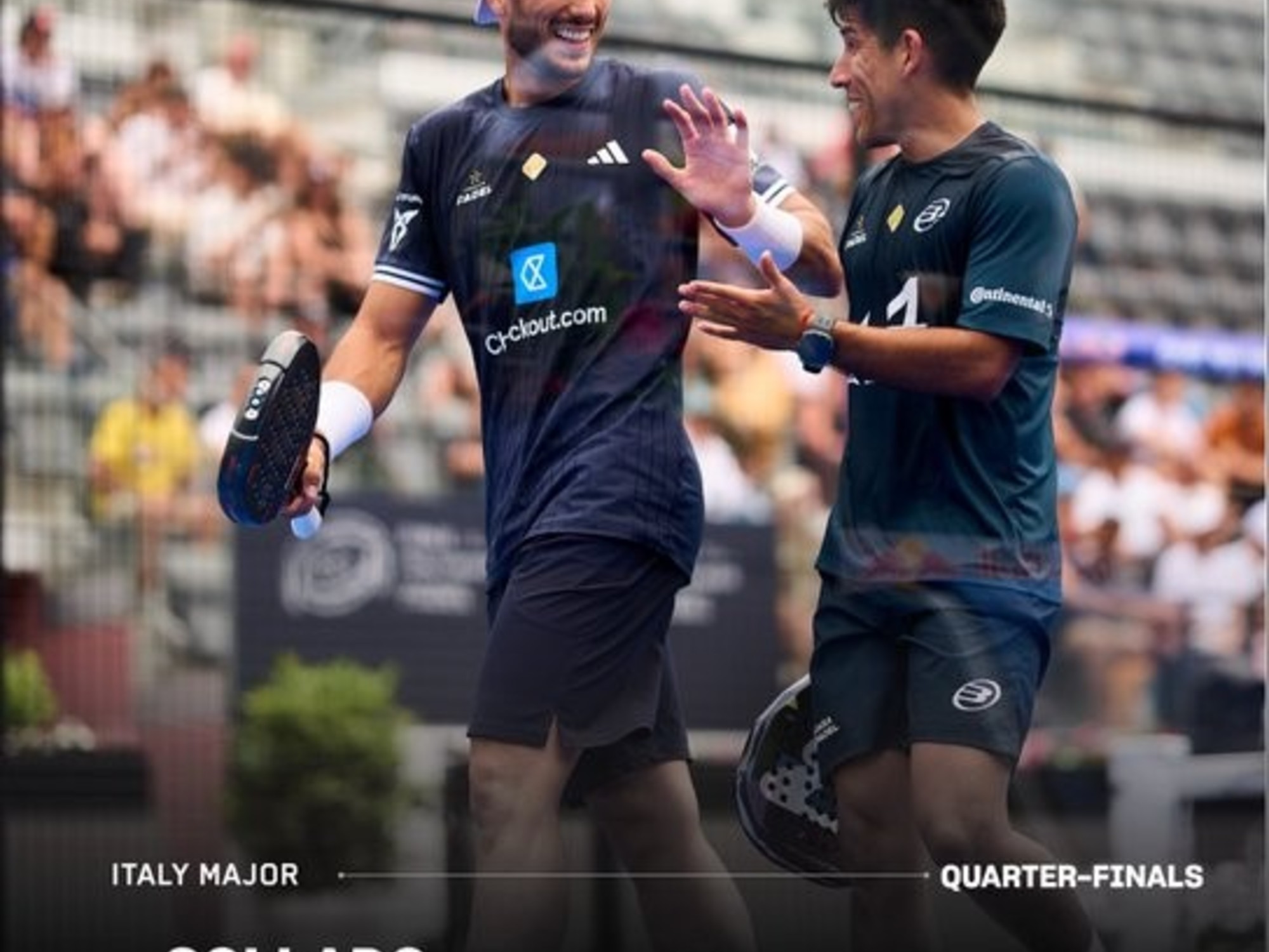 Federico Chingotto and Alejandro Galán in action on a padel court during the Italy Major tournament.